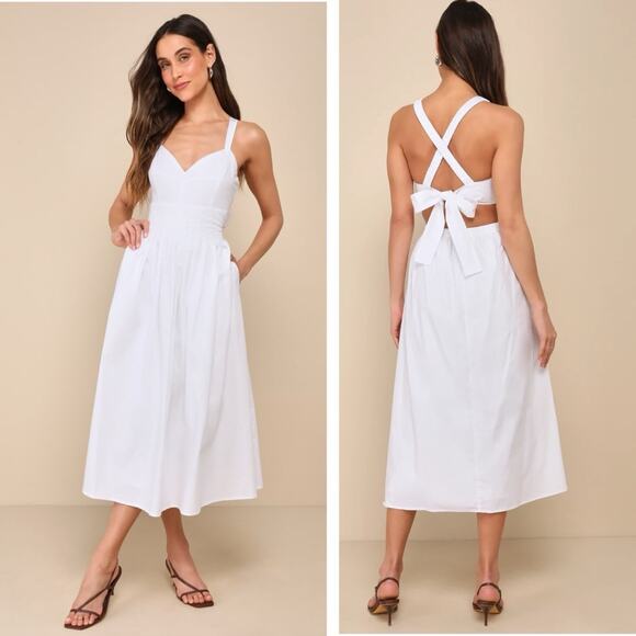 Lulus Dresses & Skirts - Lulus Strolling Sicily White Pleated Backless Midi Dress NWT Size Medium Pockets